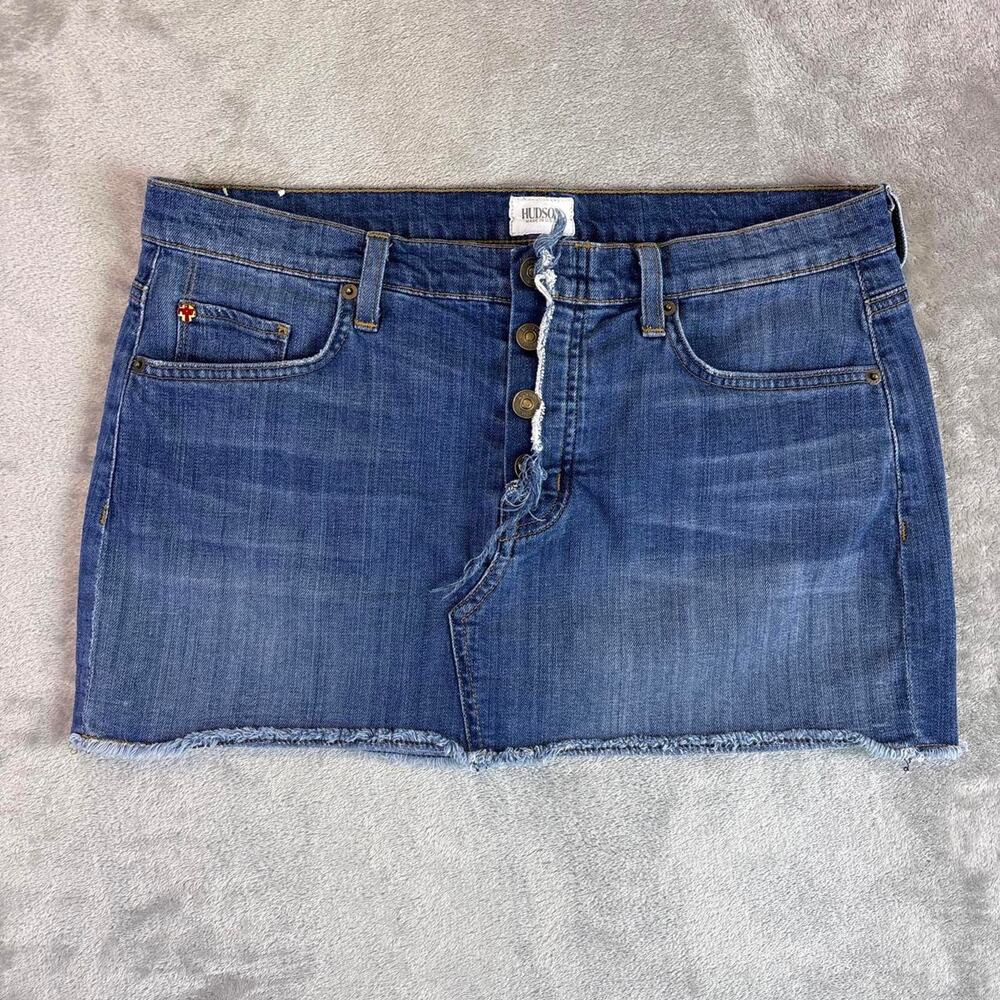 Hudson Denim Mini Skirt Women’s Blue Jean Skirt Raw Hem Button Fly